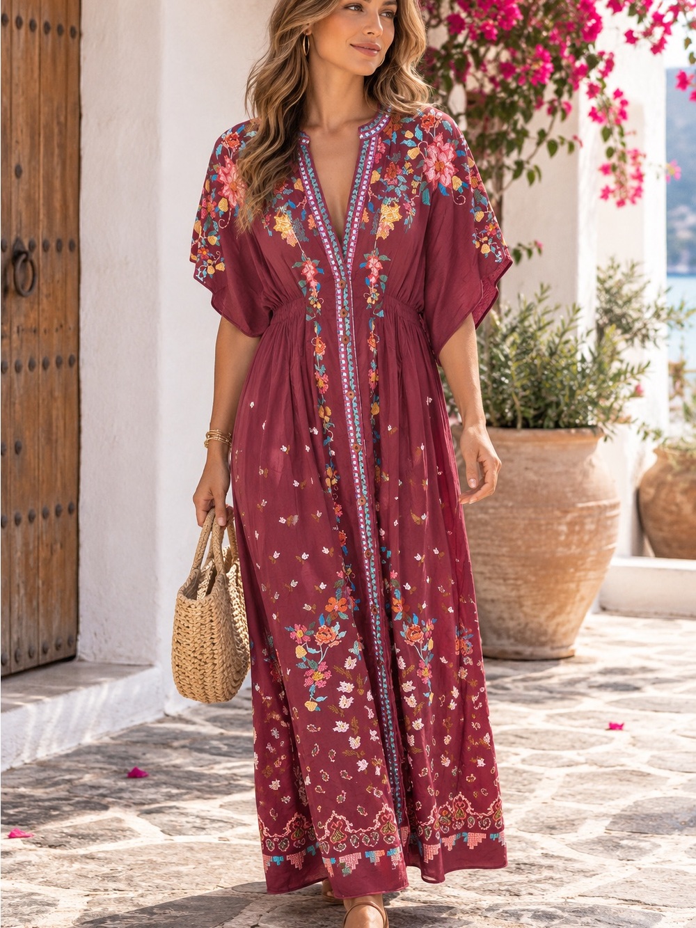 Farm Rio Bohemian Embroidered V-Neck Maxi Dress - Wine Flora